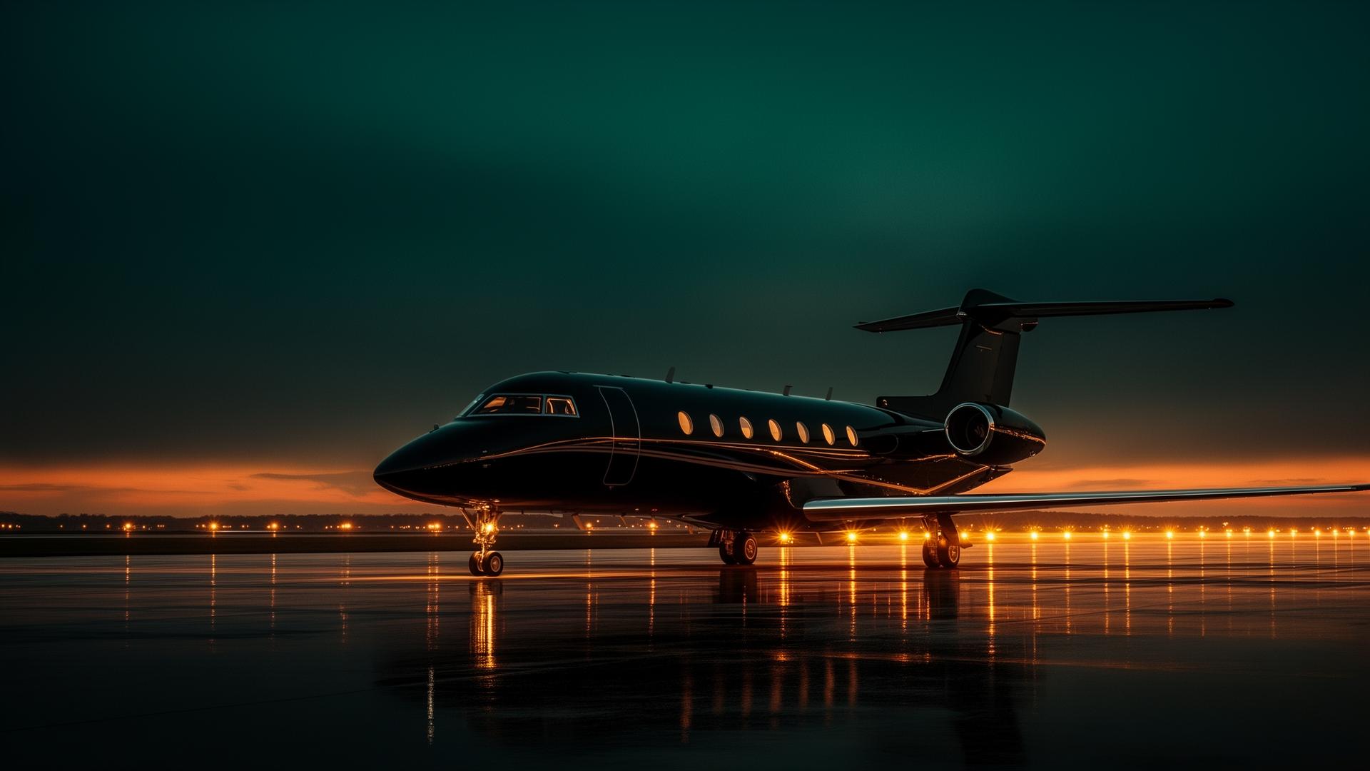 Private jet on a runway at golden hour